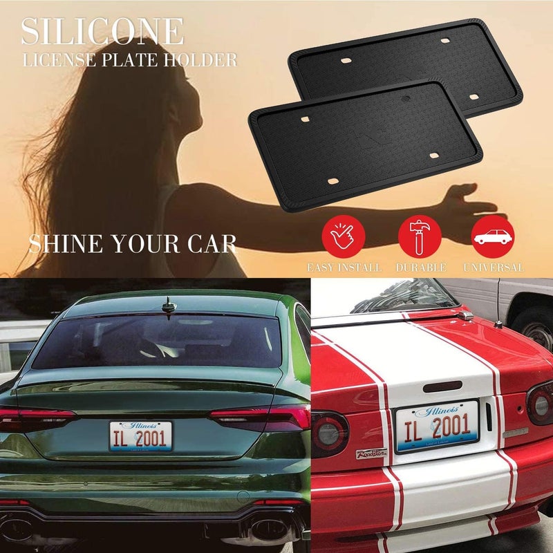 XCLPF Silicone Black License Plate Frame Covers 2 Pack- Front and Back Car Plate Bracket Holders. Rust-Proof, Rattle-Proof, Weather-Proof (Black) - Image 2